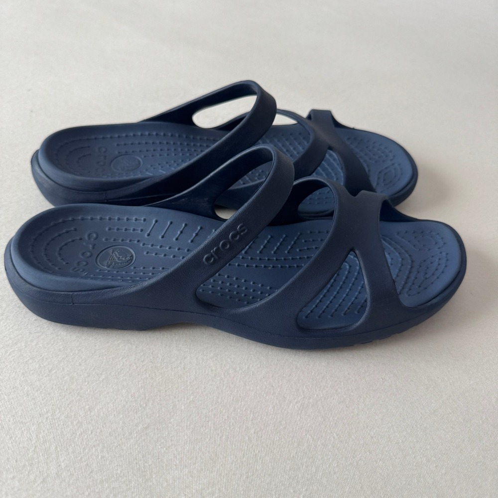 Crocs Kadee II Sandals Women 8 Navy Blue Multi Strap Slip On Shoes Comfort